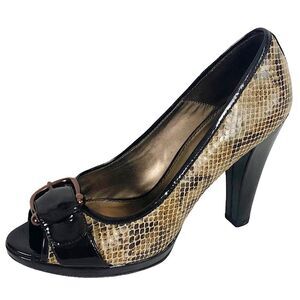 ISOLA Leather Golden Brown Snake Leather Chunky Peep Toe Platform Heel
